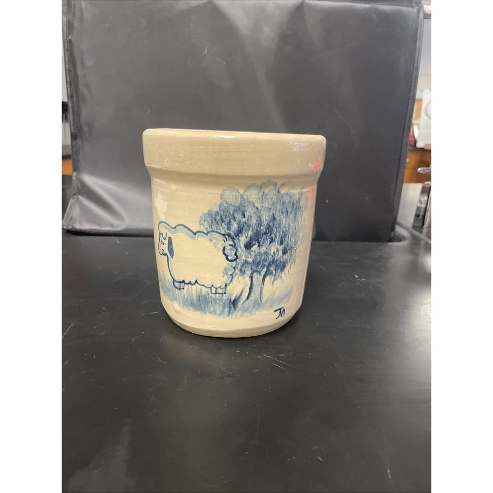 Yesteryears Pottery Marshall TX Vtg Hand Turned Hand Painted barn blue Crock